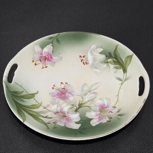 Vintage PSAG Bavaria Hand Painted White Lillies Plate With Handle Cutouts